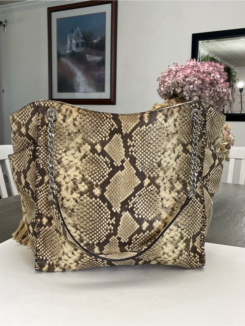 Michael Kors Brown and Cream Snake-Print Tassel Tote - Picture 2 of 8